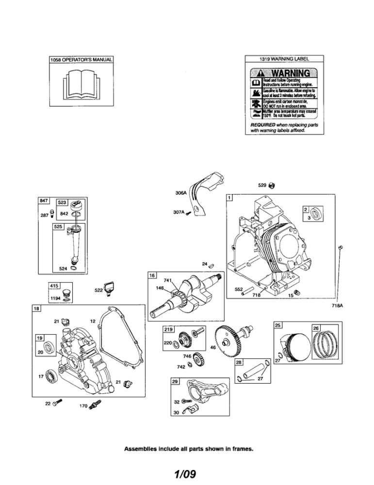 Cylinder/Crankshaft/Crankcase Diagram and Parts List for 210300 0035-1142 Briggs and Stratton Engine